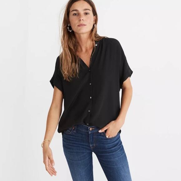 Madewell Central Drapey Shirt True Black Viscose Short Sleeve Button Up Small - Picture 1 of 9
